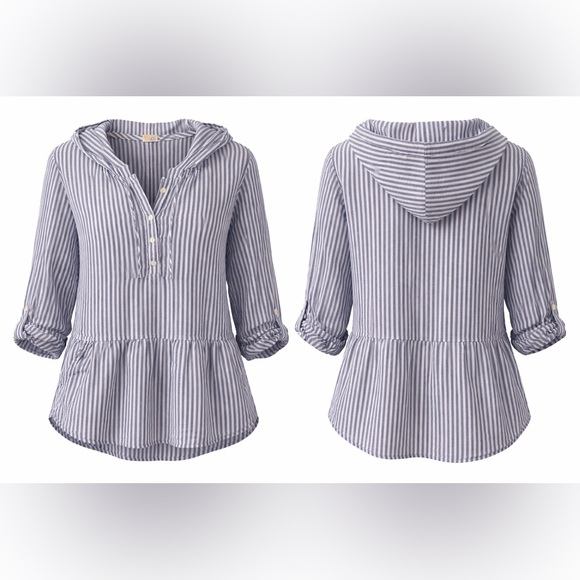 C&C California Tops - C&C California‎ Blue White Striped Linen Hooded Top Size M